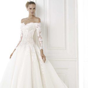 Off-Shoulder Long Sleeve White Lace Ball Gown Dress